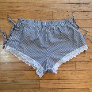 Colsie Blue White Striped Eyelet Lace Trim Pajama Shorts Side Tie Womens Medium